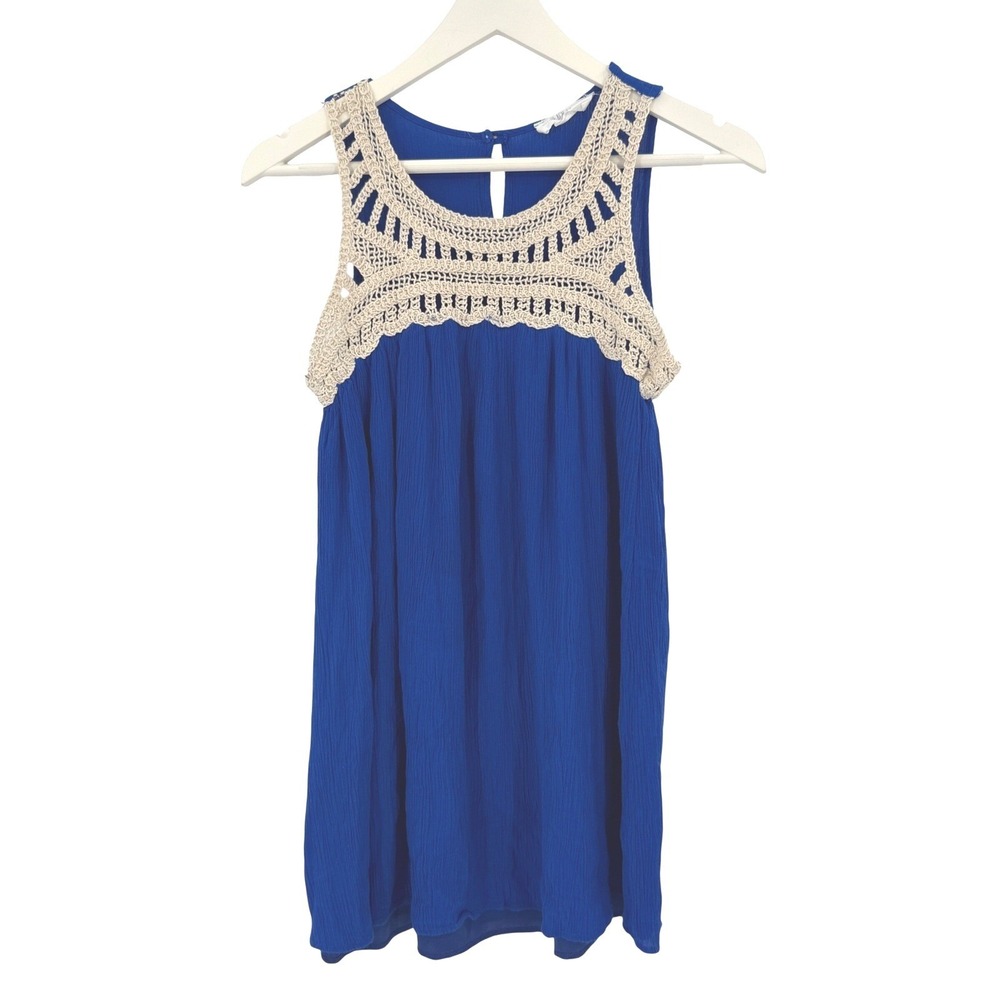 Peach Love Royal Blue Crochet Lace Neckline Boho‎ Mini Dress Sleeveless Small